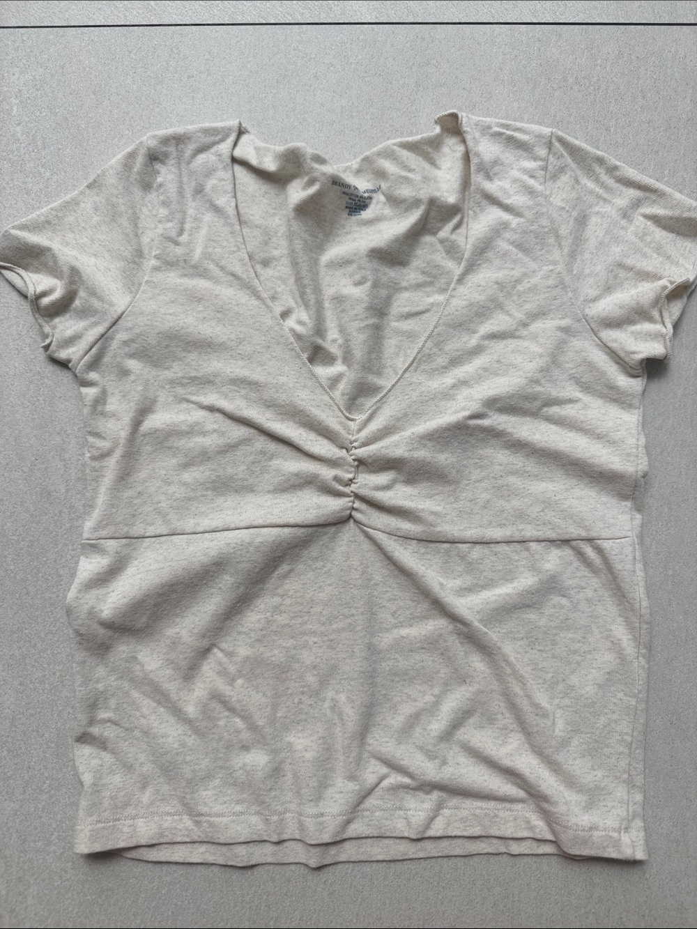 Brandy Melville Cream Short Sleeve V-Neck Ruched Top